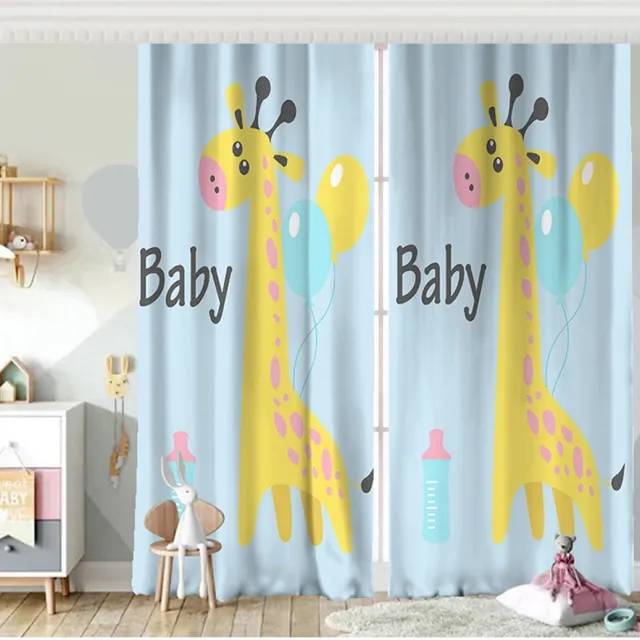 Zethome Gordijn - 140x260 cm - Kant en Klaar - Geschikt voor een rail of Roede - Digitaal Printen - Washbar - Blauw Giraffe- 2 Stuks - Totale Breedte 280cm