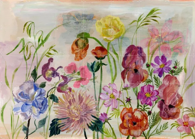 IXXI Flower Garden, Nathalie Lété - 140 x 100 cm - Grote wanddecoratie en posters - Illustraties, Fantasierijk, Speels, Aquarel, Kleurrijk, Woonkamer Roze