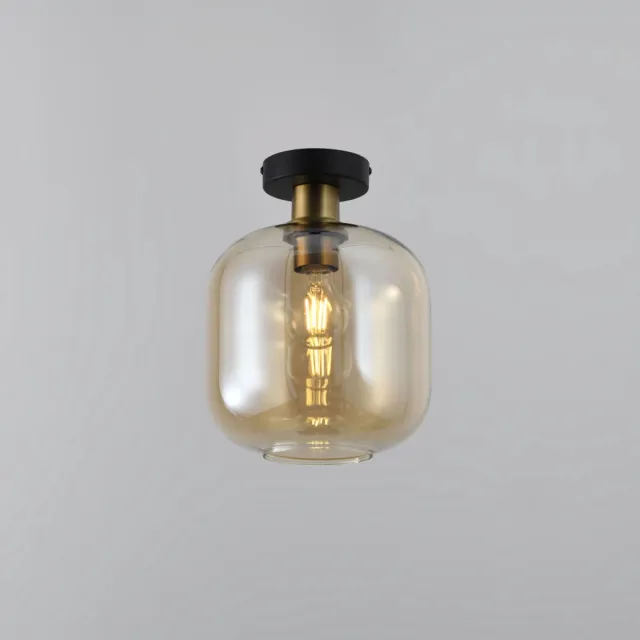 LUSENZ Plafondlamp Xirena ambra - Met een bol van amberkleurig glas en een zwarte metalen plafondplaat - Zonder lichtbron Zwart / Messing