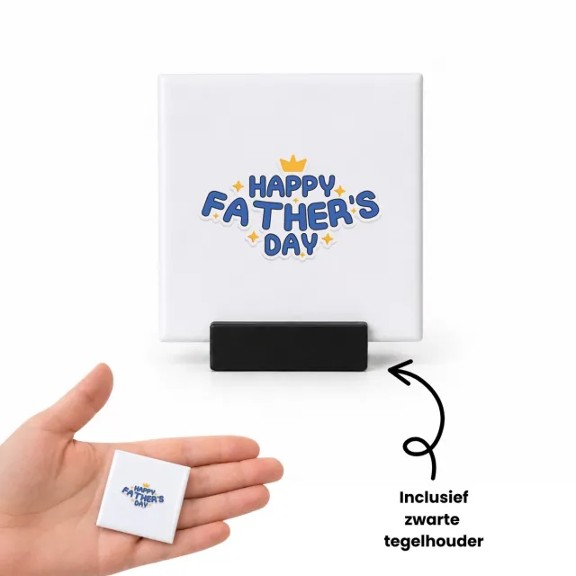 Hacebo Happy fathers day in blauw met kroontje tegeltje met tegelhouder - Papa - blije papa - tegeltjes met tekst - Vaderdag cadeautje - Cadeau voor papa - Verjaardag - Geschenk - Cadeau - Gift - spreuktegels - 4.8x4.8 CM Wit