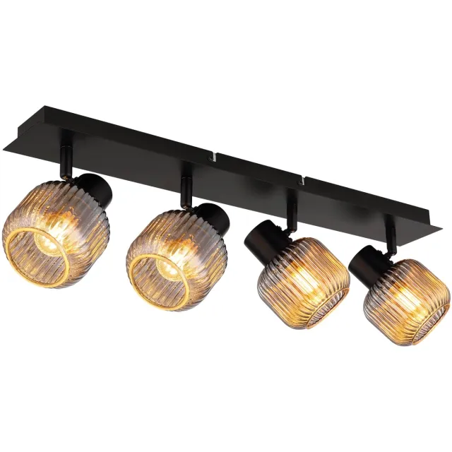 Globo Plafondspot 4 vlammen woonkamerlamp plafondlamp rookglas verstelbaar, 4x E14, LxH 69,5 x 13,7 cm Zwart