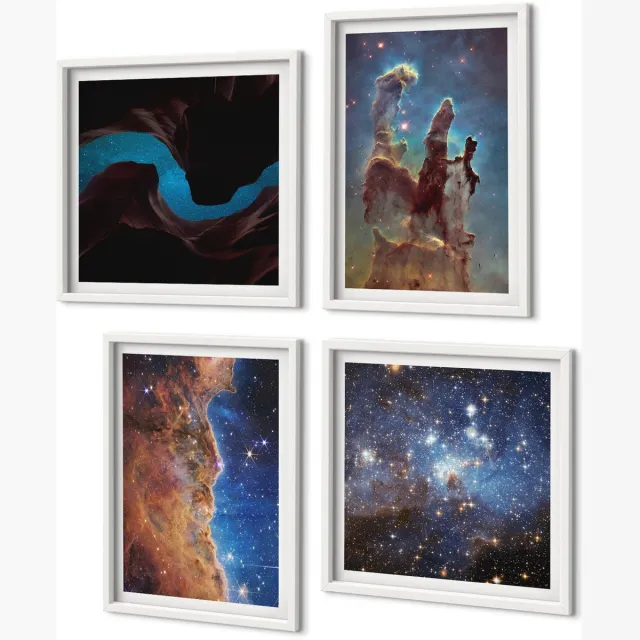 Coloray 4-Delige Schilderij Set - Ruimtelandschappen Met Sterrenstelsels En Nevels - 40 x 40 En 40 x 60 - Wanddecoratie - Muurdecoratie - Moderne Interieurdecoratie - Woonkamer Decoratie Witte lijst