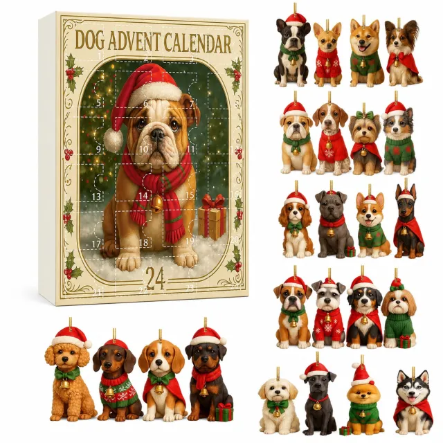 SWGOTA Adventskalender met 24 platte acryl hondenhangers, gouden ophangkoorden en genummerde kalenderdoos Bruin