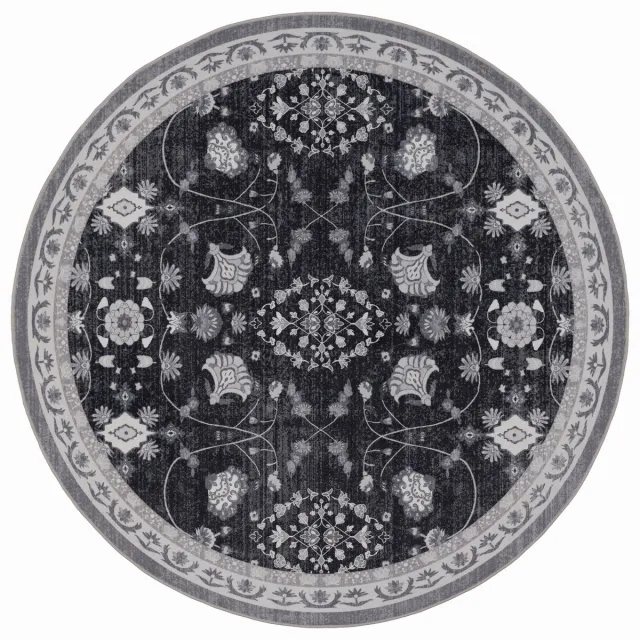 Moonay Rond Vintage Vloerkleed Atlas Bloemen 200 cm - Wasbaar Antislip Zwart