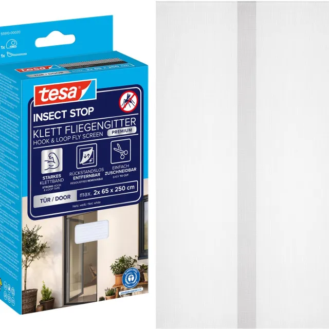 Tesa INSECT STOP H&L Fly Screen Premium for Doors - hor voor deur met klittenband, verwijderbaar, wit - 120 x 250 cm