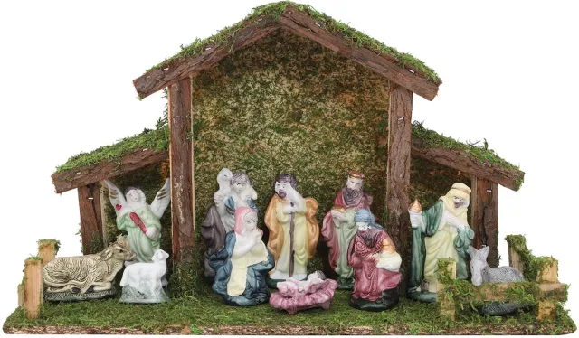 Famanu Traditionele kerststal met 11 kerstfiguren, sfeervolle kerstversiering voor in huis Zwart