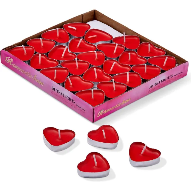 The Twiddlers 50 Rode Hartvormige Theelichtjes voor Bruiloften, Valentijnsdag, Decoraties & Feestjes (3,8cm) - Romantisch & Niet Geurend Rood