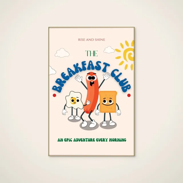 HelloWalls Akoestisch schilderij - 60 x 90 cm - Cartoon Breakfast Buddies van Nazma Khokhar - Abstracte wanddecoratie - goud textielframe Meerkleurig