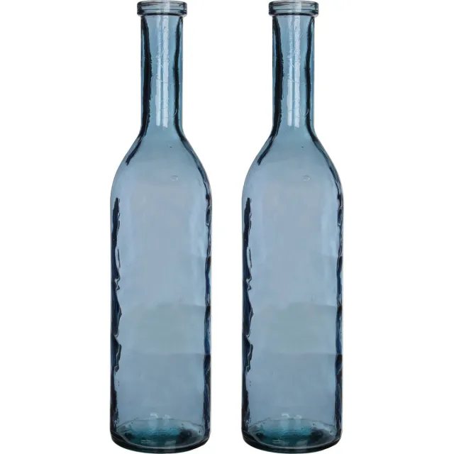 Mica Decorations Set van 2x stuks transparante/blauwe fles vaas/vazen van eco glas 18 x 75 cm - Rioja - Woonaccessoires/woondecoraties - Glazen bloemenvaas - Flesvaas/flesvazen