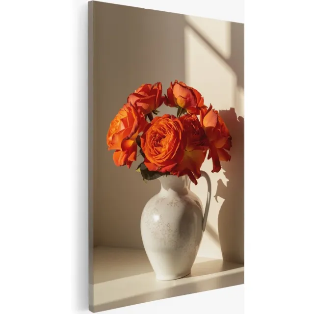 Saammp Canvas Schilderij - bloemen - Oranje Rozen in vaas - 50x70 - Foto op canvas - Wanddecoratie - Muurdecoratie Woonkamer - Kantoor Decoratie Multicolor