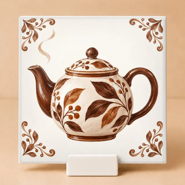 Bedruk King Sfeervolle Theepot Tegel – Klassieke Keramische Delfts Stijl Tegeltje voor Theeliefhebbers en Landelijke Interieurs - 15 x 15 cm met houder Wit