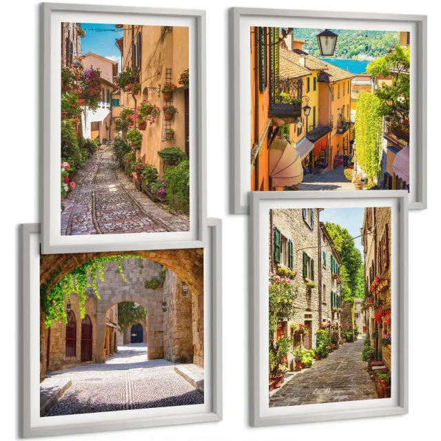 TULUP 4-Delige Schilderij Set - Italiaanse straten met bloemen en architectonische landschappen - 40 x 40 cm en 40 x 60 cm - Moderne Wanddecoratie - Woonkamer Zilveren lijst
