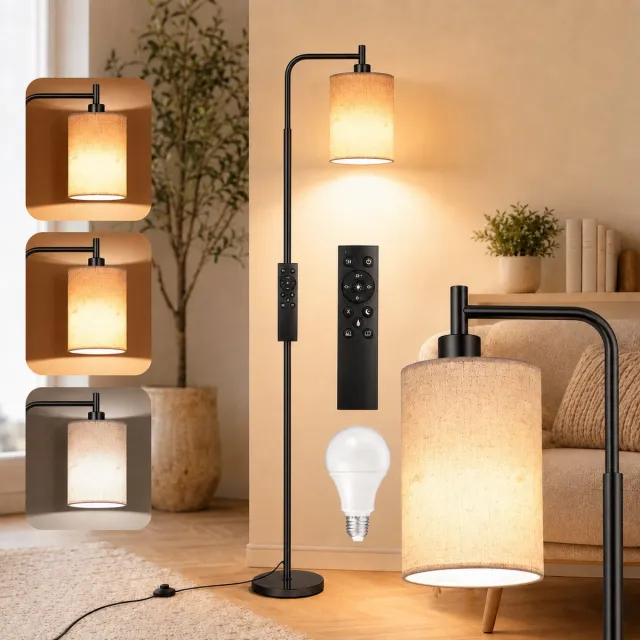 MUPOO Moderne Vloerlamp Zwart met Linnen Lampenkap - Staande Lamp met Magnetische Afstandsbediening - Hoeklamp Dimbaar met 4 Kleurtemperaturen - E27 LED Lamp Inbegrepen - Voetschakelaar en Timer - Staande Leeslamp voor Slaapkamer Kantoor