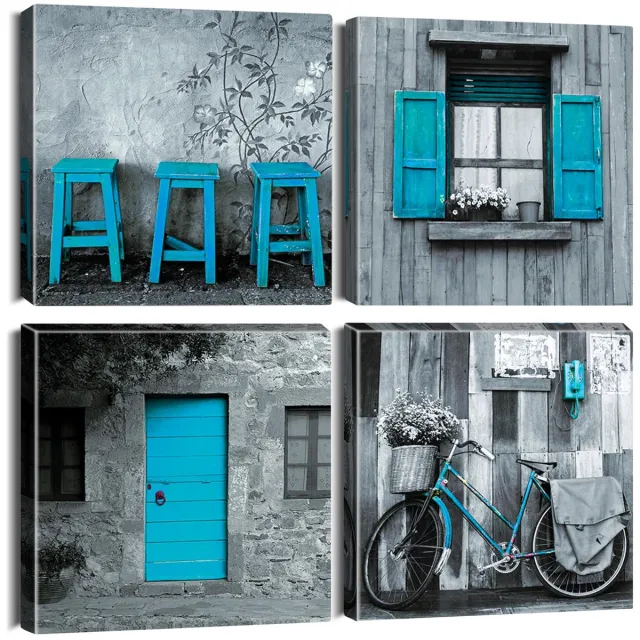 Ibenzoa Set van Vier Canvas Prints met Blauw en Grijs, Moderne Wanddecoratie voor Diverse Interieurs, 30 x 30 cm
