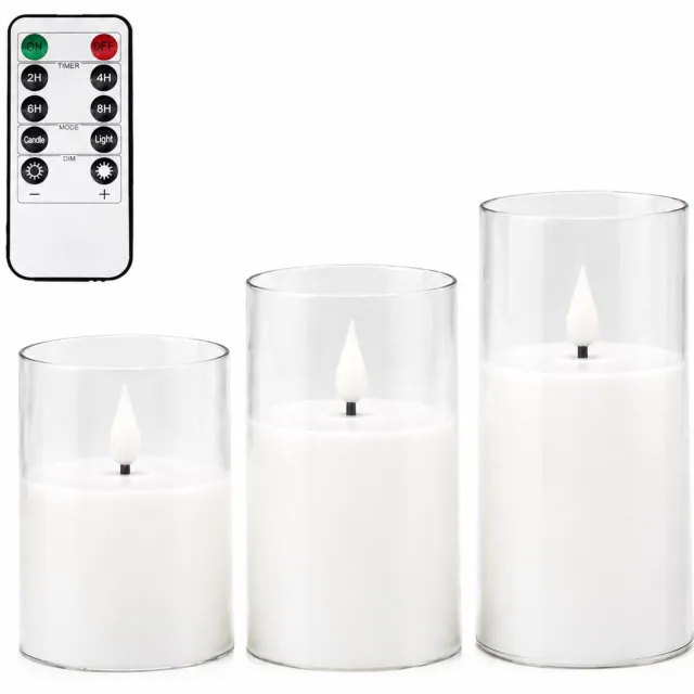 SWGOTA led kaarsen, 3 stuks per doos met afstandsbediening, transparante cilinders en druppelvormige vlam, voor bruiloften en verjaardagen