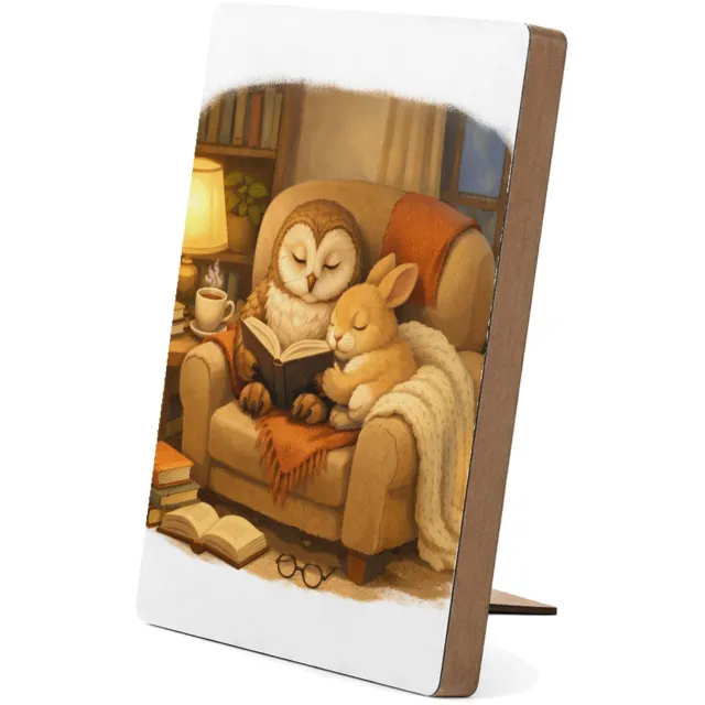 Mr Cadeautjes Glasframe/MDF 12,7 x 17,8 - design Een stille leeshoek met een uil en een konijn op een comfort | cadeau Wit