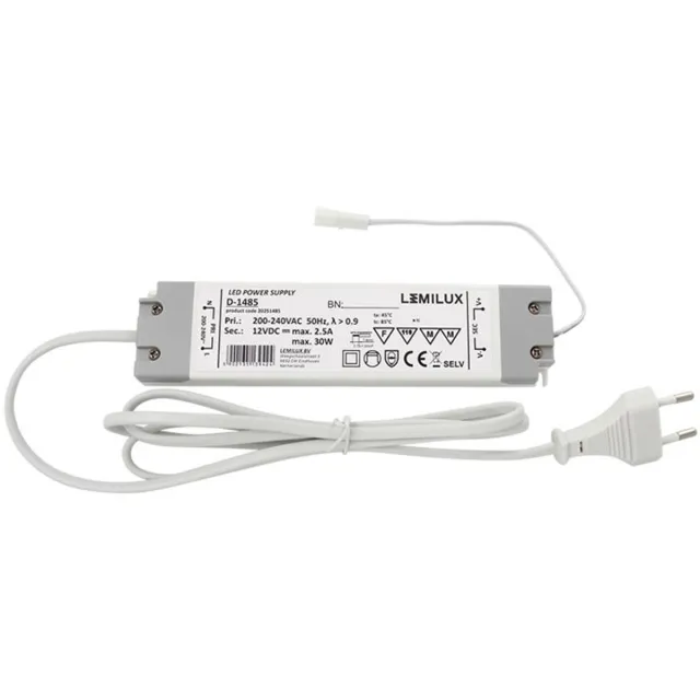 Lemilux LED Transformator/Driver 12V 30W 2.5A met snoer Zilver