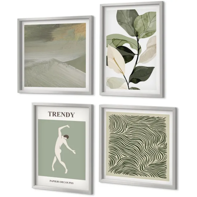Coloray 4-Delige Schilderij Set - Plantenpatronen met silhouetten en abstracte vormen - 40 x 40 cm en 40 x 60 cm - Wanddecoratie - Moderne Interieurdecoratie - Moderne Wanddecoratie Zilveren lijst