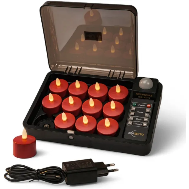 Dorsetto Oplaadbare LED-kaarsjes rood - waterdicht- met Afstandsbediening - 12 Stuks - timerfunctie