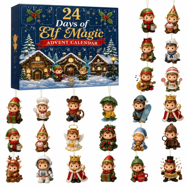 SWGOTA Adventskalender met elfenhangers, 24 dagen, platte hangdecoraties met ophanglus, in papieren doos Groen