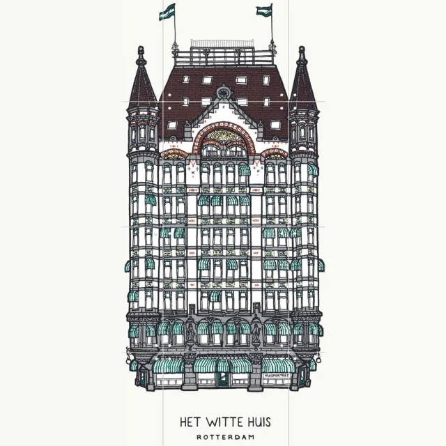 IXXI Het Witte Huis, Huisportret & Kunst in Kaart - 60 x 80 cm - Grote wanddecoratie en posters - Illustraties, Vintage, Line art, Woonkamer Wit / Lichte tinten