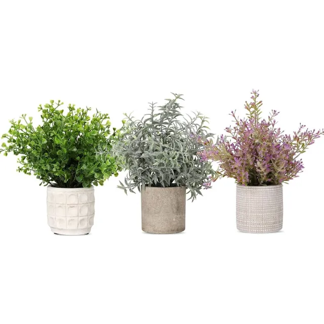 Housolution Kunstplant, 3-delige miniplanten, kunstpotset, kunstmatige groene zevenlaagse grasplanten Plastic kruidentopiary struiken voor thuisbureau groen, grijs, roze