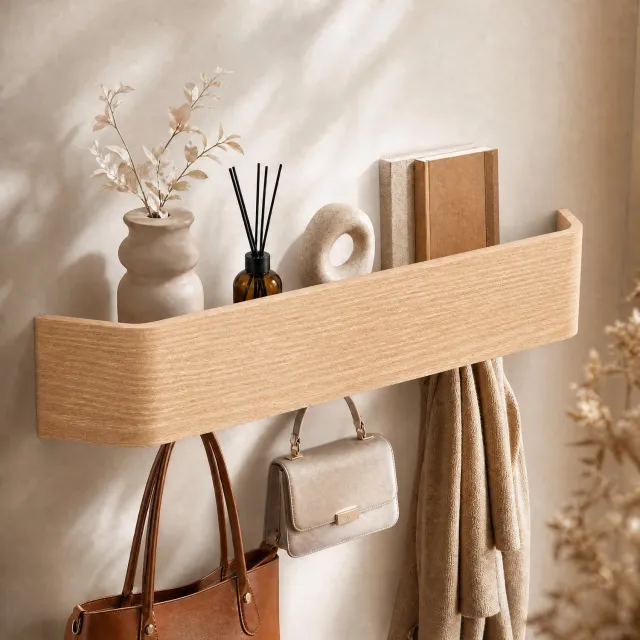 Arvioo A01 kapstok wand‑hout‑57cm‑6 haken‑wandkapstok‑entree‑kledinghanger‑besparend ruimte Houtkleur-A01