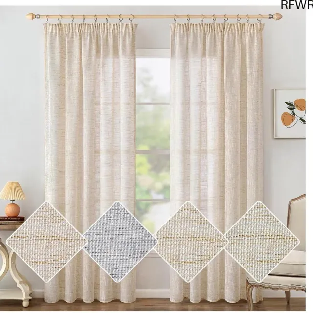 RFWR Linnenlook gordijnen met plooiband - set van 2 - 140 x 215 cm - moderne voile voor woonkamer en slaapkamer Witte rijst