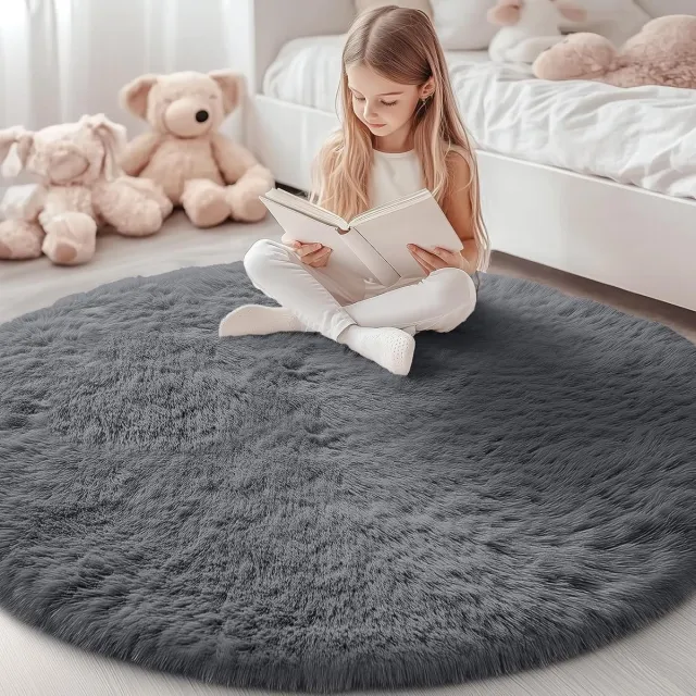 OLANLY Pluche Tapijt - Donkergrijs - Hoge Pluis - Geschikt Voor Woonkamer En Slaapkamer - 153x153 cm - Rond