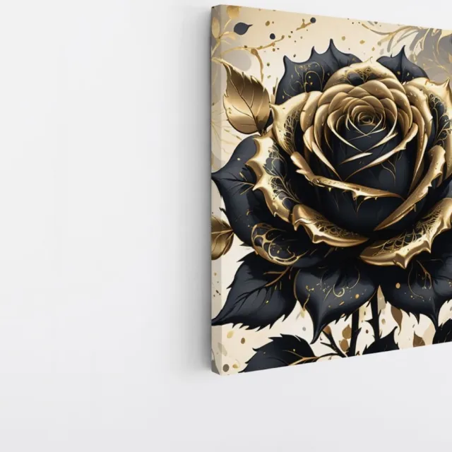Saammp Canvas Schilderij - Bloem - Zwart - Goud - Abstract - 40x40 - Foto op canvas - Wanddecoratie - Muurdecoratie Woonkamer - Kantoor Decoratie Multicolor