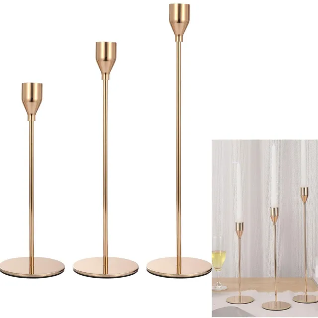 MUCO 3-Delige Kandelaars - Hoge kandelaars - Conische kaarsen - Tafeldecoraties - Gouden kandelaars - Conische kandelaars - Decoratieve kandelaars - Geschikt voor woonaccessoires, bruiloften, eettafels, diners bij kaarslicht - Goud