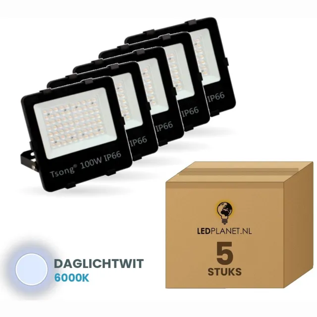 Tsong LED schijnwerper 100W - 5 stuks - Daglichtwit 6000K - 15.000 lm - 150 lm/W - 90° - IP66