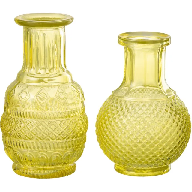 J-Line vaas Kano - glas - geel - 2 stuks - 14 cm hoog
