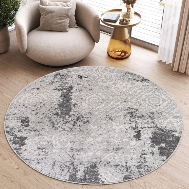 Tapiso Sky Rond Vloerkleed Hoogpolig Grijs Vintage Woonkamer Tapijt Maat- 100x100 Grijs Vintage Dyed