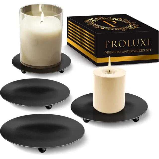 PROLUXE ® Kandelaar zwart 4-delig - Elegant en stijlvol design - Kandelaar van hoogwaardig metaal - Kaarsenonderzetter - Premium kwaliteit kaarsen decoratie - Set van 4 kaarsenborden - Cadeauartikelen