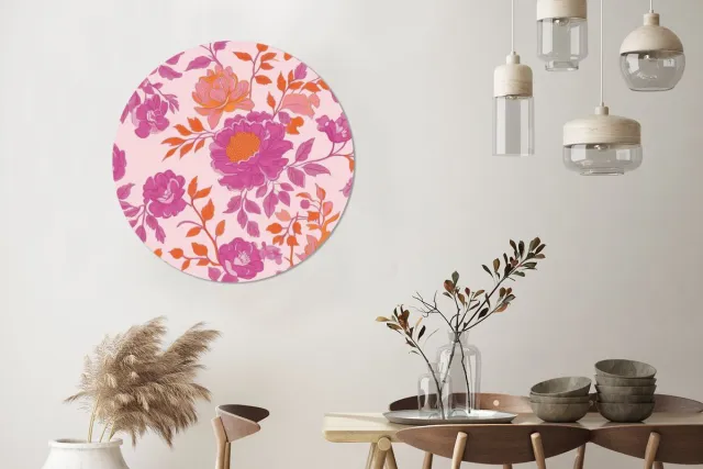 WallCircle Wandcirkel - Muurcirkel - Bloemenpatroon - Roze - Oranje - Bloemen - Aluminium - Dibond - 90x90 cm - Binnen en Buiten