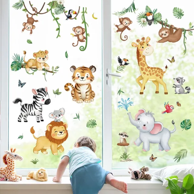 Famanu Herbruikbare raamstickers met safari jungle dieren, felgekleurd aan beide zijden