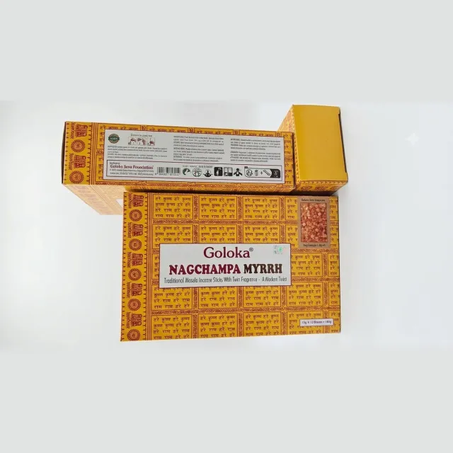 Goloka Nagchampa Wierookstokjes – 180g Voordeelverpakking (12 x 15g) – Authentieke Nagchampa & Myrrh Geurmix – Premium Kwaliteit Masala Wierook Met Kajal Sticker Bruin