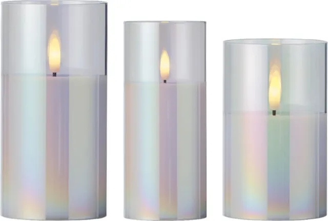 Lumineo luxe LED kaarsen - in glas - 3x st - transparant parelmoer - stompkaarsen - timer - stompkaarsen