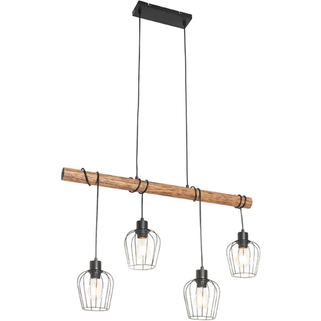 QAZQA stronk - Landelijke Hanglamp eettafel - 4 lichts - L 80 cm - Zwart - Woonkamer | Slaapkamer | Keuken