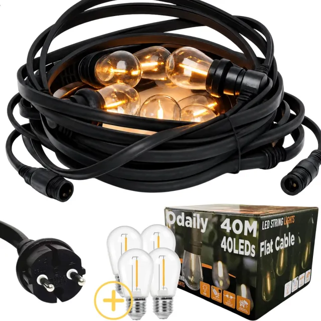Odaily Platte Prikkabel - 40 Meter - 40 LED Lampen - Warm Wit - IP65 Lichtsnoer - Horeca Kwaliteit