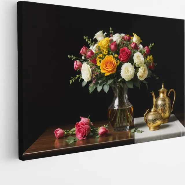 Saammp Canvas Schilderij - Klassiek Bloemen Boeket met Goud - Natuur - Abstract - 60x40 - Foto op canvas - Wanddecoratie - Muurdecoratie Woonkamer - Kantoor Decoratie Multicolor