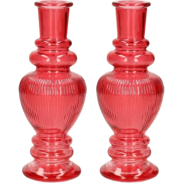 Ideas 4 Seasons Bloemenvaas Venice - 2x - voor kleine stelen/boeketten - gekleurd sierglas - ribbel koraal rood - D5.7 x H15 cm