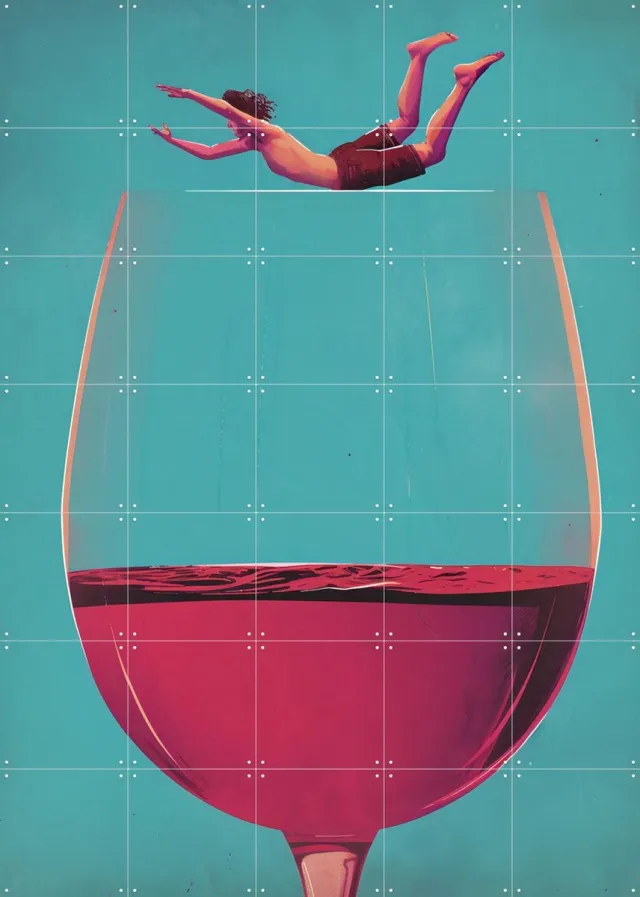 IXXI Wine Dive, Andreas Magnusson & Various - 100 x 140 cm - Grote wanddecoratie en posters - Illustraties, Modern, Abstract, Speels, Digitale Kunst Rood / Blauw