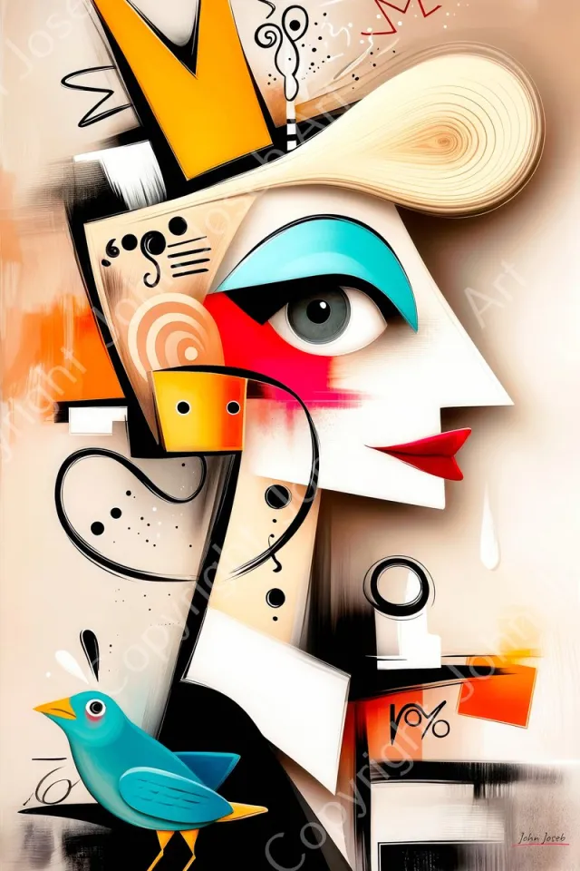 John Joseb Art (Aluminium) 60x40 | De koningin, vrouw, gek grappig, vogel, portret, abstract in Herman Brood / Picasso stijl, kunst, mens, rood, blauw, oranje, modern | foto-schilderij op dibond, metaal wanddecoratie Aluminium, dikte 3 mm