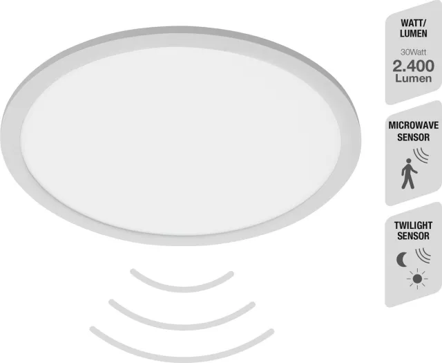 Trango 3091 LED-paneel 30W incl. bewegingsmelder & daglichtsensor plafondlamp 2400 Lumen 4000K neutraal wit, sensor badkamerlamp Ø 400mm – plafondlamp voor keuken gang kelder badkamer badkamer - sensor wandlamp