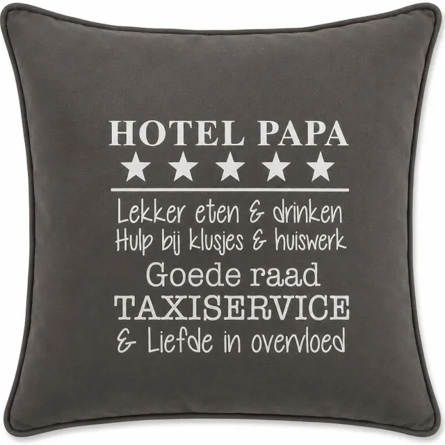 Maison Marcella Sierkussen Kussen met tekst bedrukt cadeau | hotel papa | grijs met wit met vulling| 50x50 cm | vaderdag verjaardag opa man