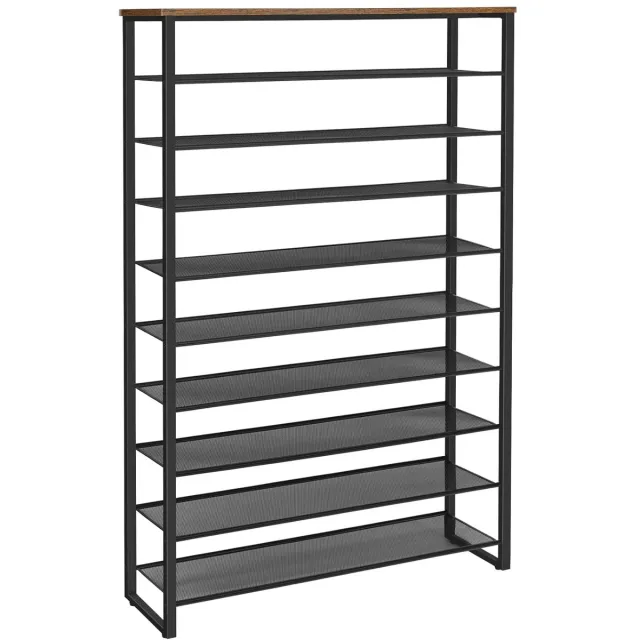 Trankielo Stijlvol Schoenenrek met 10 Niveaus - Ruimtebesparend, Metalen Schoenenopslag - Geschikt voor 40-50 Paar - Design Vintage Bruin-Zwart Zwart bruin