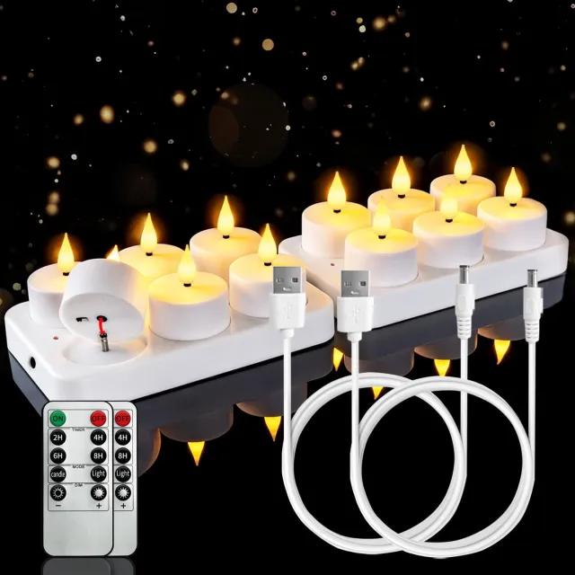 Flintry Oplaadbare Waxinelichtjes 12x - Theelichtjes Oplaadbaar - Led Kaarsen met Afstandsbediening - Flikkerende Vlam - met Lader - Kerst Kaarsen - 2 Sets Van 6 Oplaadbare Led Theelichtjes Warm Wit Licht
