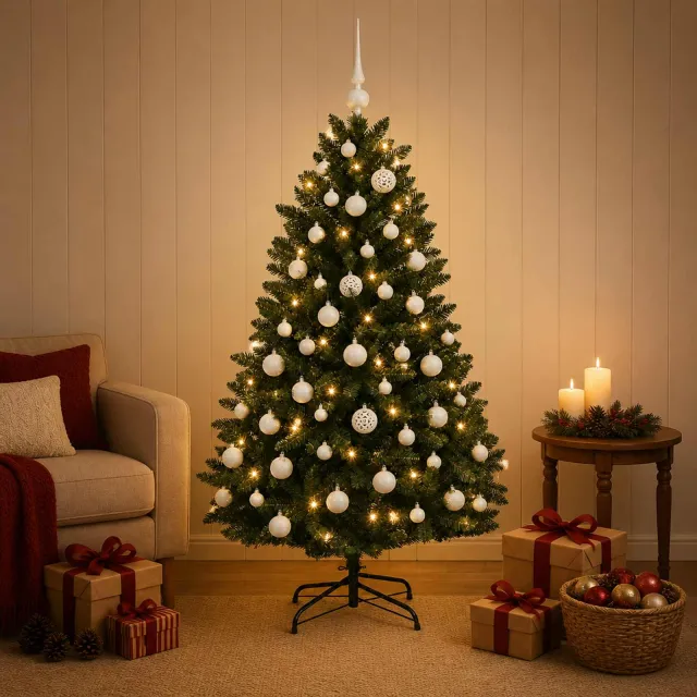 vidaXL Kunstkerstboom donkergroen met kerstballen 120 cm 150 LED's